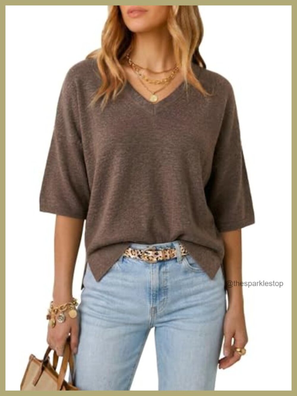 Wool Blend Elbow Sleeve Oversized Casual Sweater V-Neck Pullover